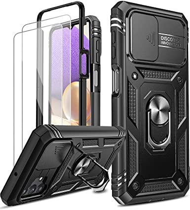 Galaxy A32 5G Case, Samsung A32 5G Case with Slide Camera Cover   [2 Packs] Tempered Glass Screen Protector, LeYi 360 Full Body Military-Grade Phone Case with Kickstand for A32 5G [Not Fit 4G], Black