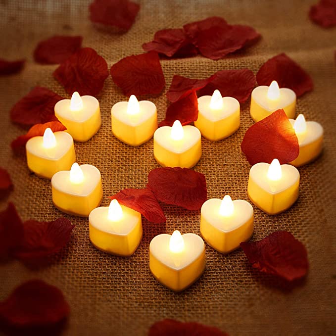 12 Pieces Heart Shape LED Tealight Candles Romantic Love LED Candles with 200 Pieces Silk Rose Petals Girl Scatter Artificial Flower Petals for Valentine's Day Wedding Table Decor Aisle Party Decor