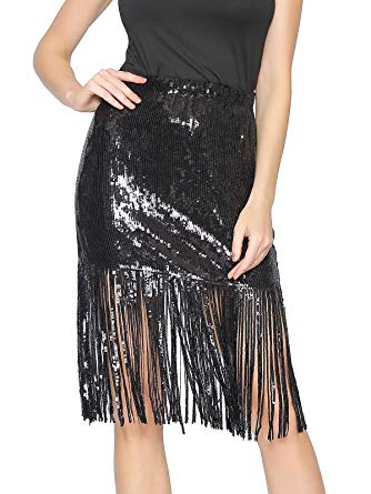 Metme Women's Sequin Skirt Sparkly Midi Skirts Pencil for Work Party Shimmer Cocktail Clubwear with Sequin Tassel
