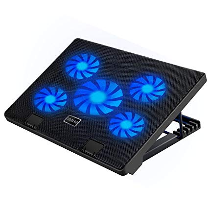 MoKo Laptop Cooler, NoteBook Cooling Pad Silent Gaming Laptop Radiator with Adjustable Stand, 5 Fans, Blue LED Lights, Dual USB Ports for 12-17 Inch Laptop - Black