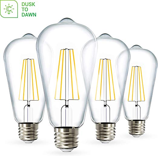 Sunco Lighting 4 Pack ST64 LED Bulb, Dusk-to-Dawn, 7W=60W, 3000K Warm White, Vintage Edison Filament Bulb, 800 LM, E26 Base, Outdoor Decorative String Light - UL, Energy Star