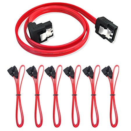 6 Pack 18-Inch SATA III 6.0 Gbps Cable with Locking Latch and 90-Degree Plug (Red)