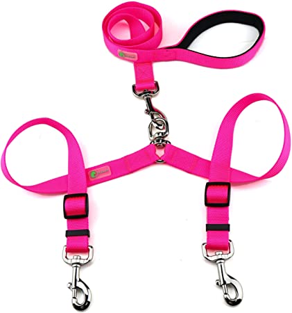 DCbark Tangle Free Double Dog Leash, No Tangle Adjustable Length Lead with Comfortable Padded Handle for 2 Dogs