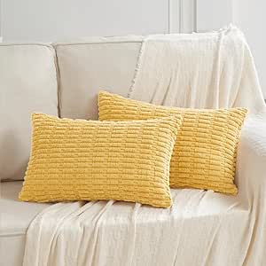 Fancy Homi 2 Packs Yellow Lumbar Decorative Throw Pillow Covers 12x20 Inch for Living Room Couch Bed Sofa, Rustic Farmhouse Boho Home Decor, Soft Striped Corduroy Rectangle Cushion Case 30x50 cm