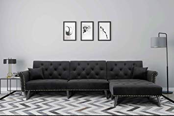 Upholstered Mid Century Sectional Sofa Futon Couch with Reversible Chaise with Adjustable Back Sofa Bed (Black)