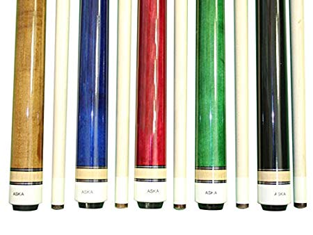 Aska Set of 5 Wrapless L3 Billiard Pool Cues, 58" Hard Rock Canadian Maple, 13mm Hard Le Pro Tip, Mixed Weights, Black, Blue, Brown, Green, Red. Perfect Quality. Improve Your Game Room