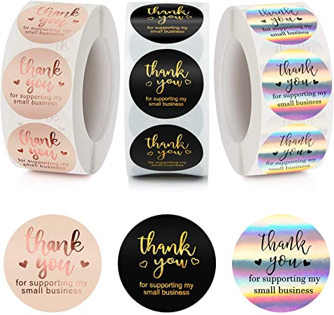 1500 Pieces Thank You Purchase Stickers Thank You Roll Labels Thank You for Supporting My Small Business Stickers Holographic Rose Gold Black for Business Stores, 3 Rolls (1 Inch)