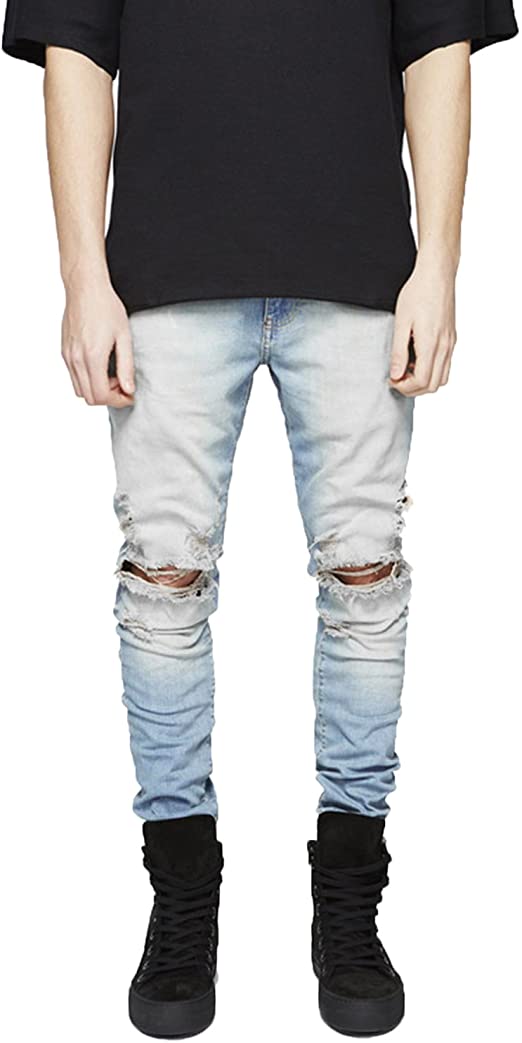 Pishon Men's Distressed Jeans Washed Stretchy Tapered Leg with Holes Ripped Jeans