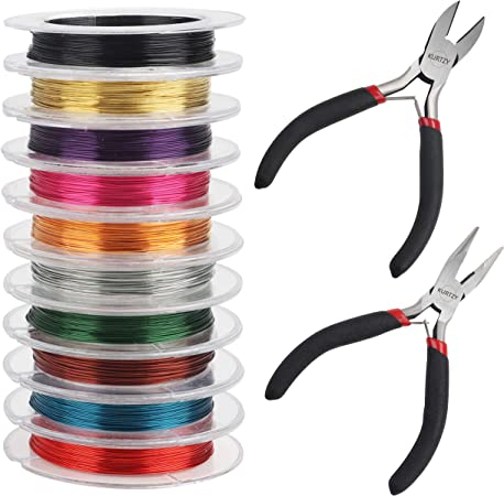 Kurtzy Colourful Aluminium Jewellery Making Craft Wire and Pliers (12 Pack) - 28 Gauge - 10m/32.8 ft Rolls - 10 Colours - Flexible Metal for DIY, Artistic Floral Crafts, Beading and Model Making