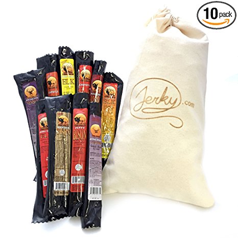 Wild Game Jerky Sticks Sampler Gift Bag - 10 Exotic Sticks - Including Elk, Buffalo and Venison - Best Selling Exotic Meat Combo in a Custom Canvas Gift Bag - 10 total oz.