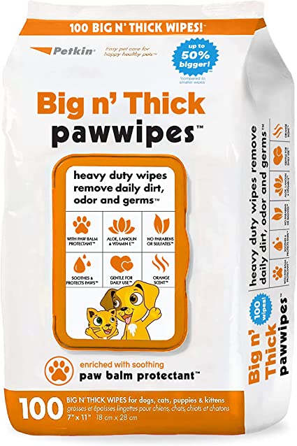 Petkin Big N' Thick Paw Wipes for Dogs, 100 Large Wipes - Clean Dirty Paws After Muddy Walks, with Paw Balm Protectant - Keep Floors and Furniture Clean - Ideal for Home or Travel - Orange Scent