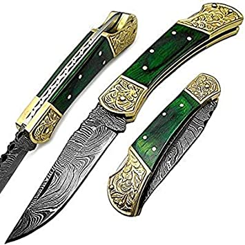 Best.Buy.Damascus1 Damascus pocket knife 7.5" Green Wooden Handel ,Screemshaw Double Brass Bolster lock Back, Folding knife, tactical gear, gifts for women, Pocket Knife For Men, camping accessories, Pocket Knife, hunting gear with Leather, knife sharpeners Premium Quality gifts for men
