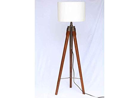 Replicashop Wooden Tripod Floor Lamp Stand with Shade and Bulb, Off-White