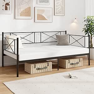 Giantex Daybed Frame, Twin Size Metal Day Bed with Heavy-duty Metal Slat Support, Space-saving Sofa Daybed with Headboard, Modern Twin Daybed for Guest Room Living Room Bedroom (Black)