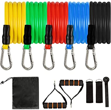 N-A Resistance Band Set 11 Pack,Including 5 Stackable Exercise Bands with Door Anchor,2 Metal Foot Ring,2 Foam Handle & Carrying Case for Home Workouts,Resistance Training