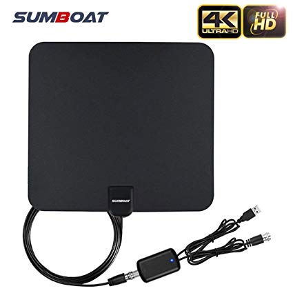 TV Antenna, SUMBOAT Indoor Digital Amplified TV Antenna 50 Miles Range with Adjustable Amplifier Signal Booster Support 4K 1080p and 13ft Coax Cable - Black