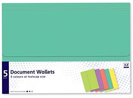 A* - Coloured Document Wallets | Folders for Office and School Supplies, Good File Organiser, Paperwork and Document Organiser, Essential for Home Organisation | 5X Assorted Coloured Folders