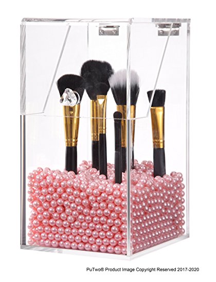 PuTwo Makeup Brush Holder Dustproof 5mm Thick Acrylic Storage Box Makeup Organizer, Pink Pearl, Large, 59.97 Ounce