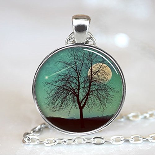 Tree Necklace, Tree Pendant, Shooting Star And Moon Jewelry, Comet Pendant, Necklace (PD0620S)