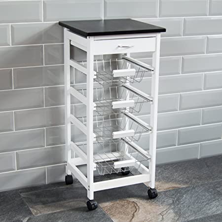 Chef Vida 4 Tier Kitchen Trolley Cart Storage Baskets Drawer, Pine, White