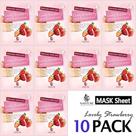 Collagen Facial Sheet Mask Pack (10 Sheets) Face Treatment [NAISTURE] Essence Face Masks - 15 Minute Application For Moisturizing Revitalizing Hydration 0.8 oz, Made in Korea - Lovely Strawberry
