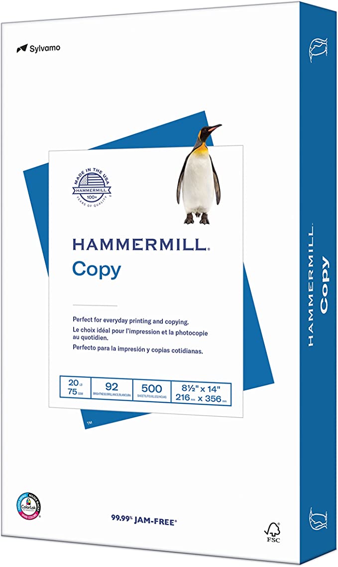 Hammermill Printer Paper, 20 lb Copy Paper, 8.5 x 14-1 Ream (500 Sheets) - 92 Bright, Made in The USA, 105015R