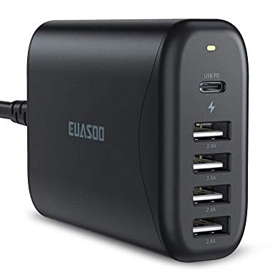 USB C Wall Charger, EUASOO Multi Port Desktop Charger, 60W 5-Port Charging Station with one 45W PD 3.0 Port for MacBook iPad Pro 2018,Nintendo Switch, iPhone XS/Max/XR/X/8/7, Galaxy S9 S8 and More