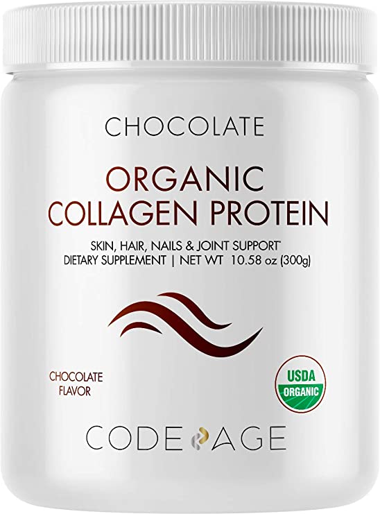 Organic Collagen Powder Supplement – USDA Certified - Organic Vitamin C, Dietary Fibers & Organic Cocoa Powder – Chocolate Flavor For Protein Shake Drinks & Foods – Types 1, 2 & 3 – Non-GMO - 10.58 oz