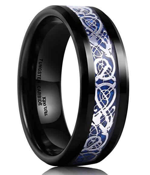 King Will DRAGON Mens 8mm Black Tungsten Carbide Ring Blue Carbon Fiber Celtic Dragon Wedding Band