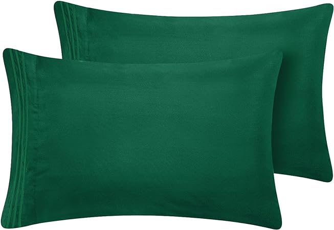 CozyLux Pillow Cases Queen Set of 2 Luxury 1800 Series Double Brushed Microfiber Bed Pillow Cases Embroidered 2 Pack 20x30 inches, Forest Green Pillow Covers with Envelope Closure