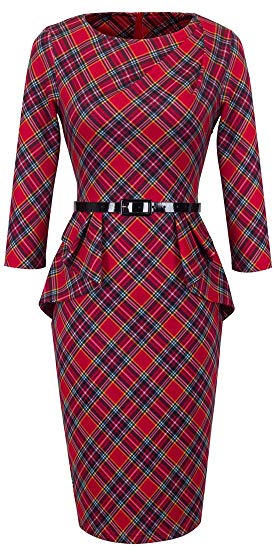 HOMEYEE Women's Vintage Tartan Wear to Work Bodycon Dress B267