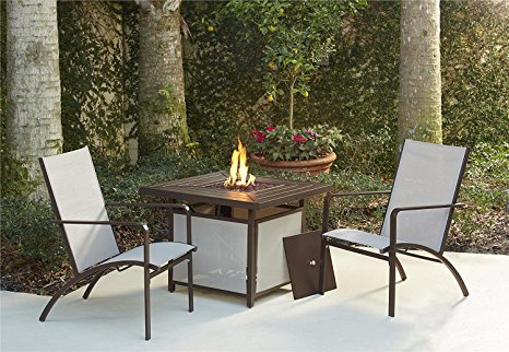 Cosco Outdoor 3 Piece Stone Lake Patio Set with Propane Fire Pit, Brown Frame & Tan Sling Chairs