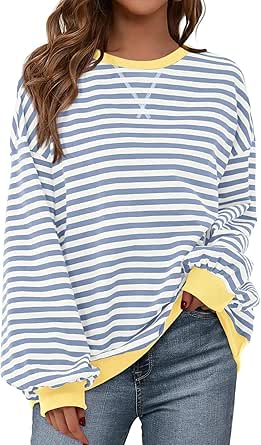 BTFBM Women's Striped Pullover Tops 2024 Fall Clothes Long Lantern Sleeve Soft Loose Crew Neck Y2K Sweatshirts