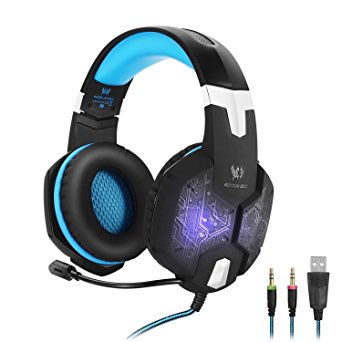 Gaming Headset KOTION EACH G1000 Professional 3.5mm PC Bass Stereo Headphones with Mic Microphone Noise Isolation Over-ear Colorful Breathing LED Light for Laptop Computer (Black Blue)