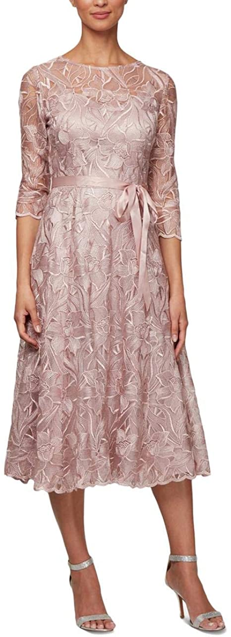 Alex Evenings Women's Tea Length Embroidered Dress Illusion Sleeves (Petite Missy)