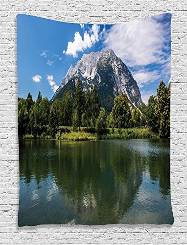 Ambesonne Lakehouse Decor Collection, Scenery of Rocky Mountain and Calm Lake at High Austrian Alps with Summer Forest Picture, Bedroom Living Room Dorm Wall Hanging Tapestry, Blue Green White