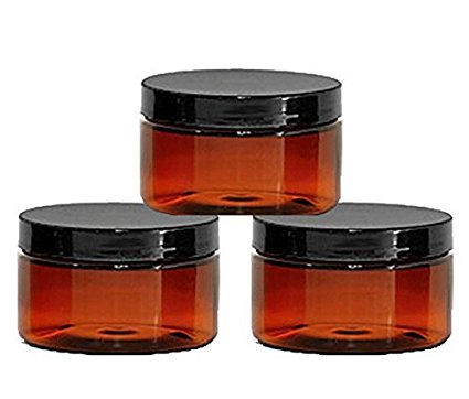 6 Amber Low Profile 4 Oz Jars PET Plastic Empty Cosmetic Containers, Smooth Black Caps, Sugar Scrub, Powder, Body Cream, Lotion, Beads by Grand Parfums