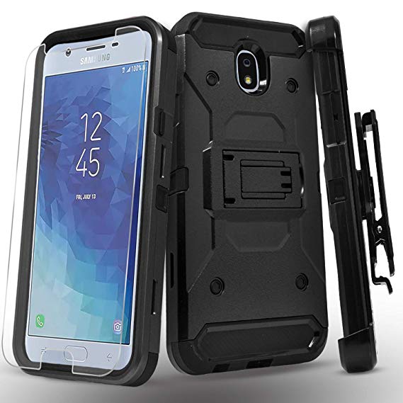 Galaxy J3 Orbit, Galaxy J3 V 3rd Gen, J3 Achieve, J3 Star, J3 Aura, Sol 3, Express Prime 3, Amp Prime 3 Case, with [Tempered Glass Screen Protector] Full Cover Kickstand Phone Cover W/Belt Clip-Black