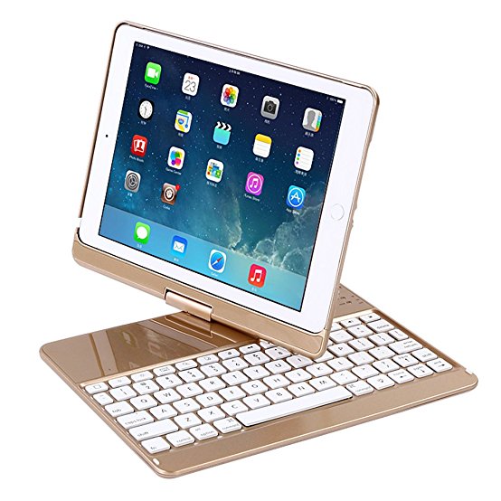 iPad Case with Keyboard for 9.7" 2017 New iPad 9.7/Pro 9.7/Air2/Air,Genjia Bluetooth Wireless Keyboard Backlit Tablet Carrying Holder Auto Sleep/Wake Flip Rotate Slim Folio Smart Cover (Gold)