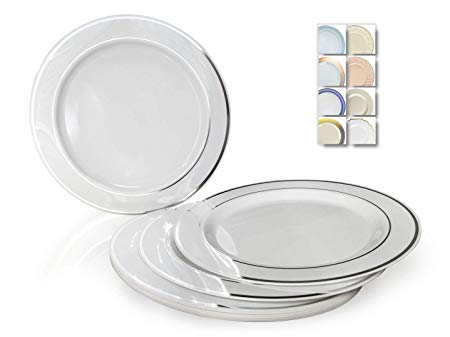 " OCCASIONS" 120 Plates Pack, Heavyweight Disposable Wedding Party Plastic Plates For Christmas (10.5'' Dinner Plate, White & Silver Rim)