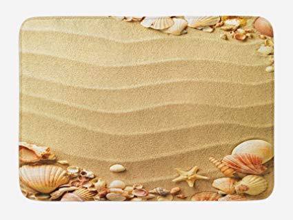 Ambesonne Beach Bath Mat, Nautical Composition with Sandy Beach Frame Surrounded by Various Sea Shells, Plush Bathroom Decor Mat with Non Slip Backing, 29.5" X 17.5", Tan Sand