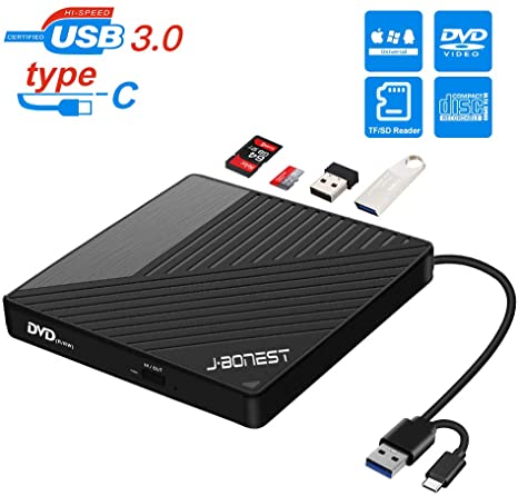 External DVD CD Drive USB3.0 Type C with SD/TF Card Reader Portable Disk Burner Player Writer Low Noise High Speed Data Transfer for Laptop, Desktop, Mac, Windows