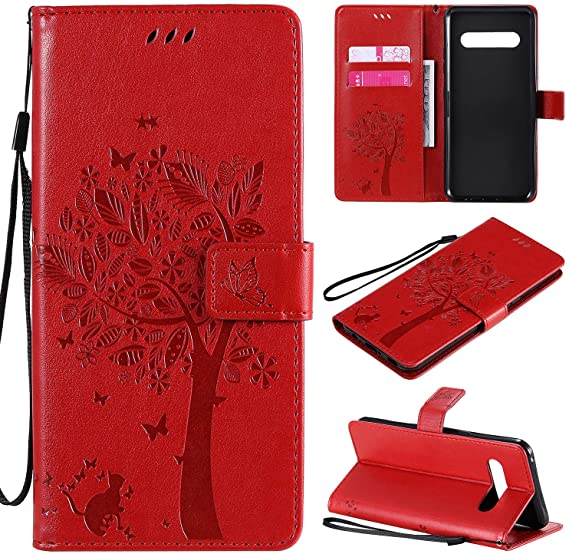 NOMO for LG V60 ThinQ Case,LG V60 ThinQ Wallet Case,Flip PU Leather Emboss Tree Cat Flowers Folio Magnetic Kickstand Protective Phone Cover with ID&Credit Cards Pocket for LG V60/G9 ThinQ,Red