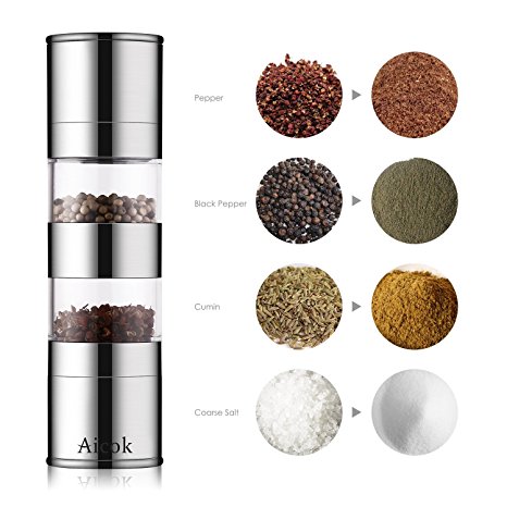 Aicok Pepper Mill Salt and Pepper Grinder 2 in 1 Brushed Stainless Steel Pepper and Salt Mill with Adjustable Ceramic Grinding Mechanism and Glass Body