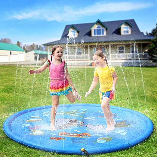 Pellor Splash Play Mat, Thickening PVC Inflatable Water Spray Pad Outdoor Garden Inflatable Sprinkler Water Mat Fun Toy Kids Baby Pool Pad Hot Summer Swimming Party (170cm Blue)