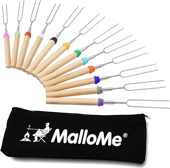 MalloMe Marshmallow Roasting Sticks - Smores Skewers for Fire Pit Kit - Hot Dog Camping Accessories Campfire Marshmellow 32 Inch Long Fork - 12 Pack