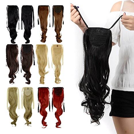Binding Tie up Synthetic Ribbon Ponytail Extensions Heat Resistant One Piece Drawstring Pony Tail Long Wavy Curly Soft Silky for Women Lady Girls 18'' / 18 inch (natural black)