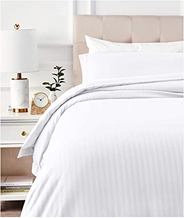 AmazonBasics Deluxe Striped Microfiber Duvet Cover Set - Twin or Twin XL, Bright White