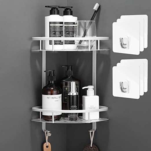 Flowmist Shower Caddy Bathroom Shelf, 2 Tiers Corner Shower Caddies, Shower Organizer, Wall Mounted Aluminum Shower Shelf with Adhesive(No Drilling), Storage Rack for Toilet,Shampoo,Dorm and Kitchen