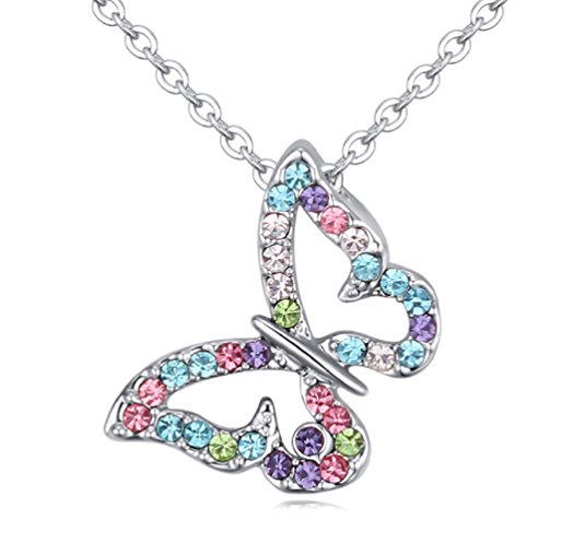 Crystals from Swarovski Multi Colorful Small Butterfly Pendant Necklace 18 ct White Gold Plated for Women 18"